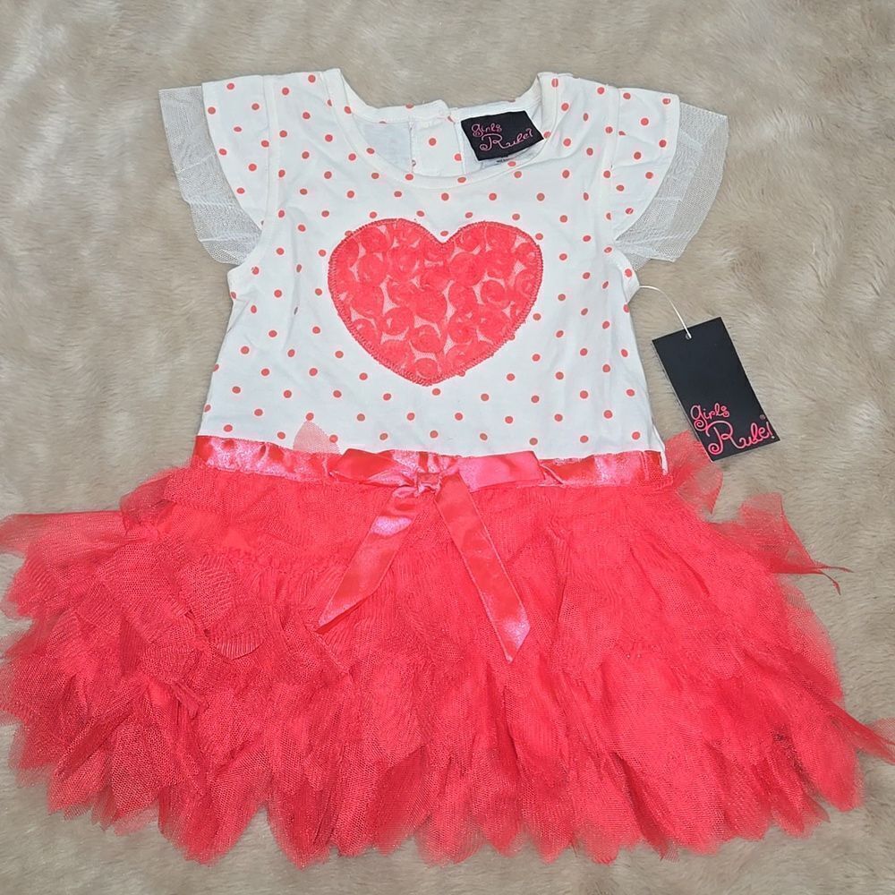 GIRLS RULE WHITE AND BRIGHT PINK  POLKA DOT TULLE DRESS WITH LACY HEART, NEW